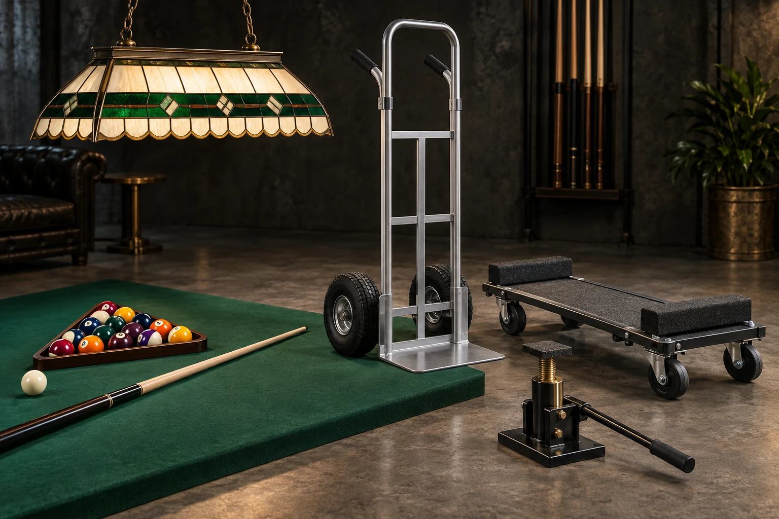 Rangkaian cart, hand truck, table jack, lampu biliar, dan perlengkapan meja biliar